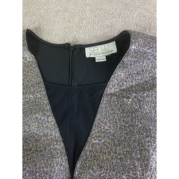 SB by Sachin & Babi Metallic Fit & Flare Mesh V-Neck Mini Party Dress Sz 10 Gold - Picture 4 of 11